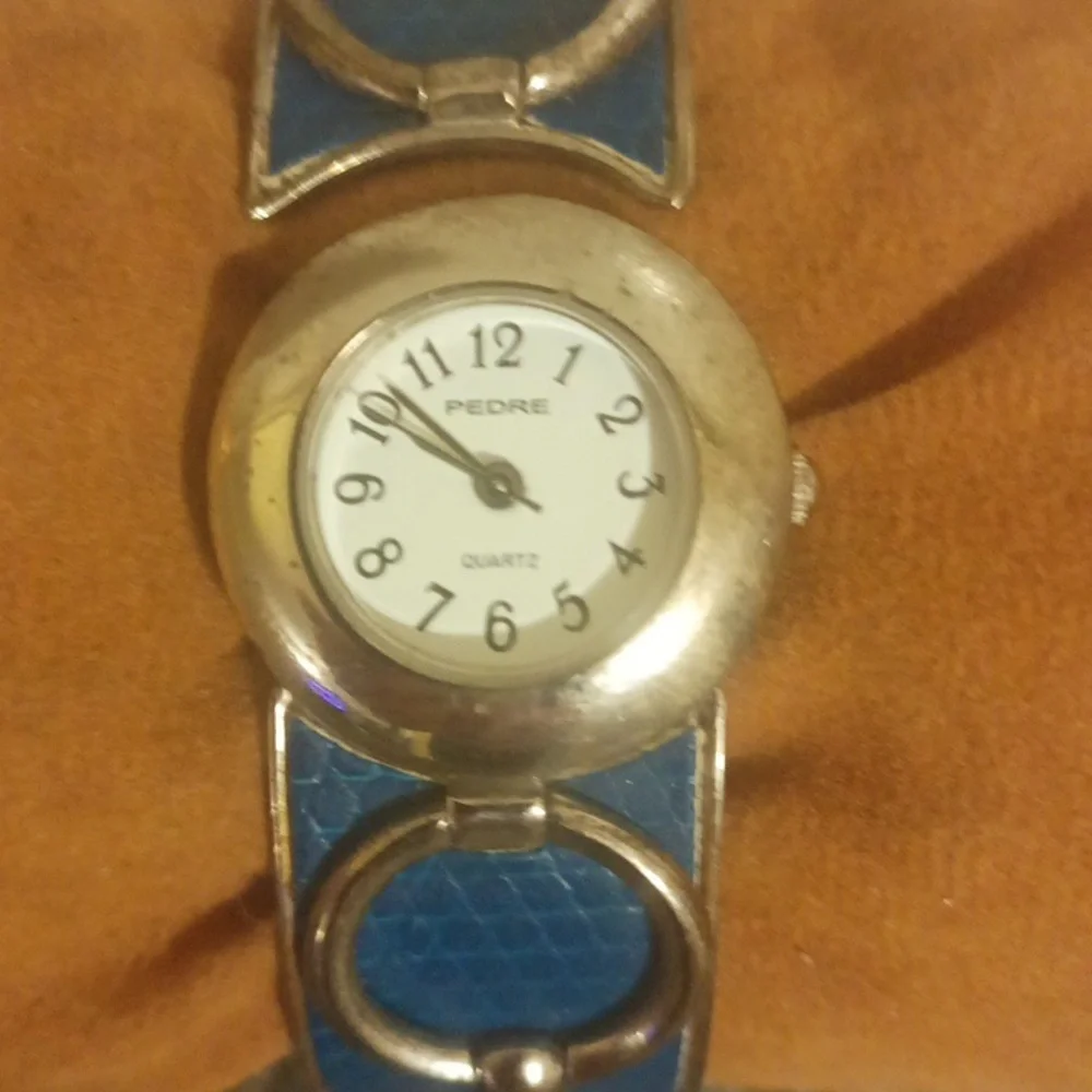 Pedro Vintage derby Style Silver Watch with Blue Leather Strap